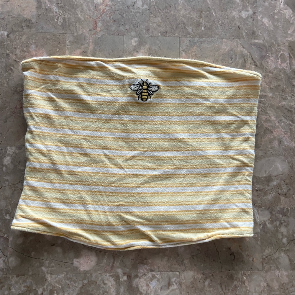Hollister Yellow and White Striped Tube Top with Bee Embroidery
